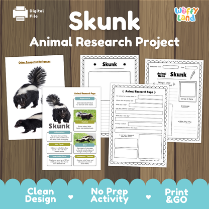 A digital activity sheet set titled 'Skunk Animal Research Project' displayed on a wood background. The set includes a skunk reference poster, an animal research page template, and an animal research page template.
