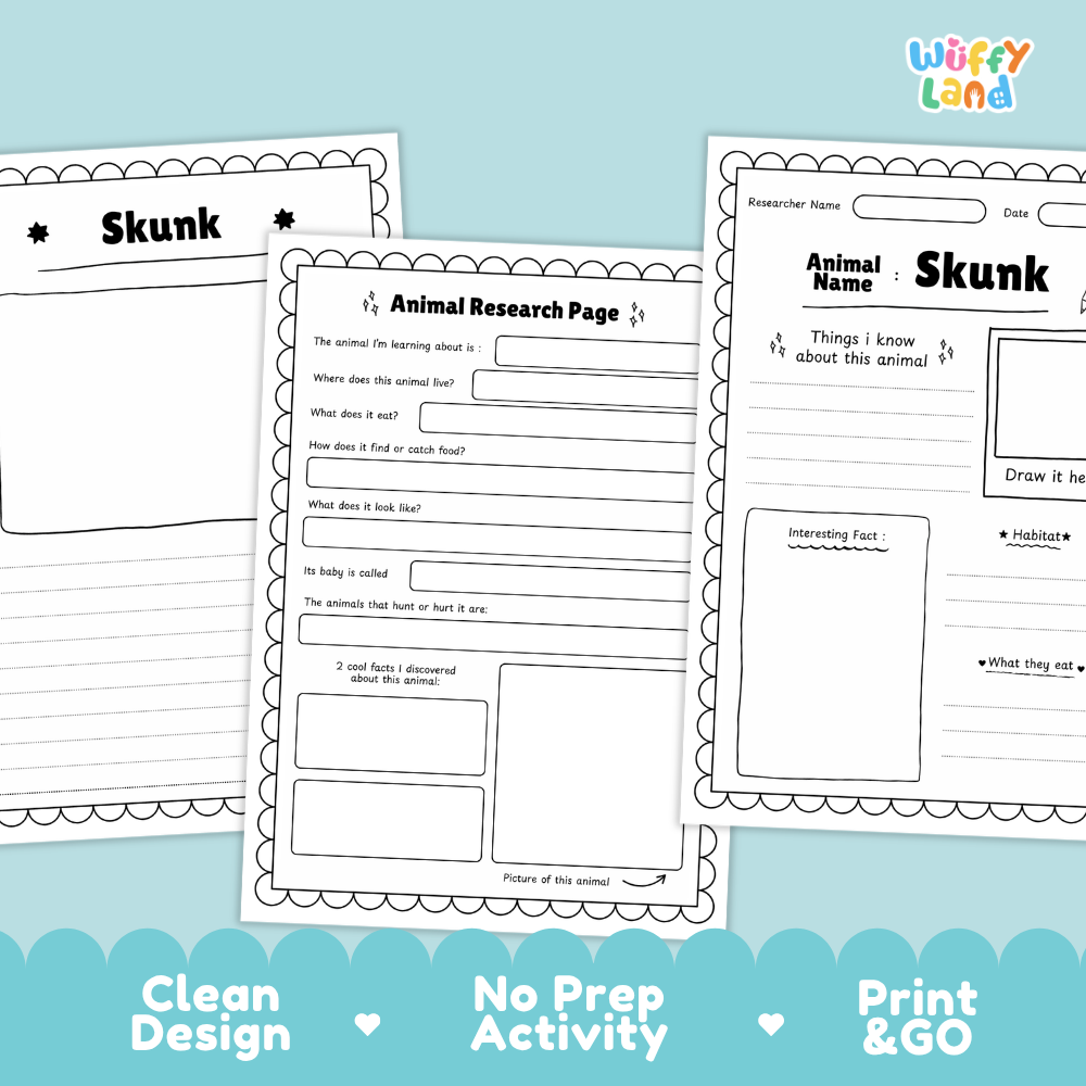 Three printable animal research activity sheets for skunks are displayed on a light blue background with promotional text at the bottom. The sheets are white with black outlines and text, featuring sections for animal name, animal description, things known about the animal, and a drawing area.