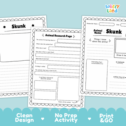 Three printable animal research activity sheets for skunks are displayed on a light blue background with promotional text at the bottom. The sheets are white with black outlines and text, featuring sections for animal name, animal description, things known about the animal, and a drawing area.