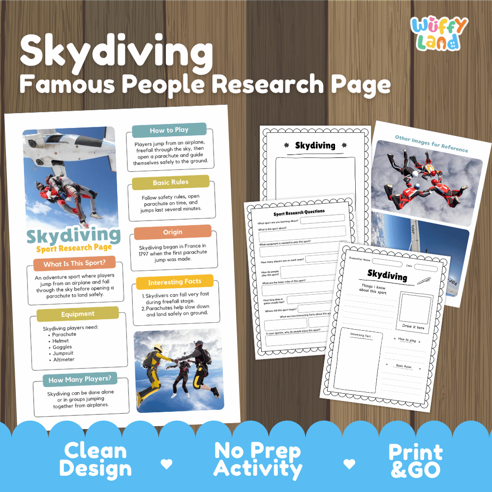 Skydiving Sport Research Project Worksheets and Fact Sheet