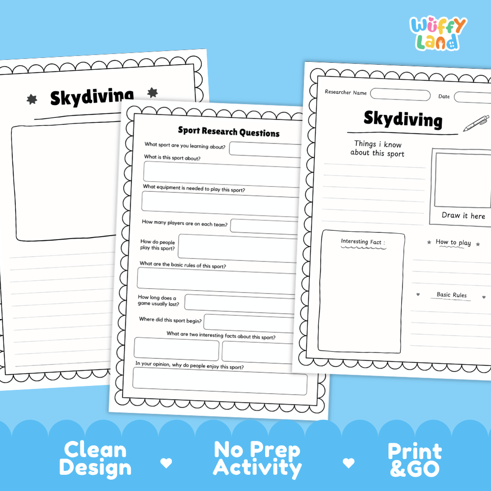 Skydiving Sport Research Project Worksheets and Fact Sheet