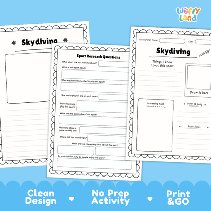 Skydiving Sport Research Project Worksheets and Fact Sheet