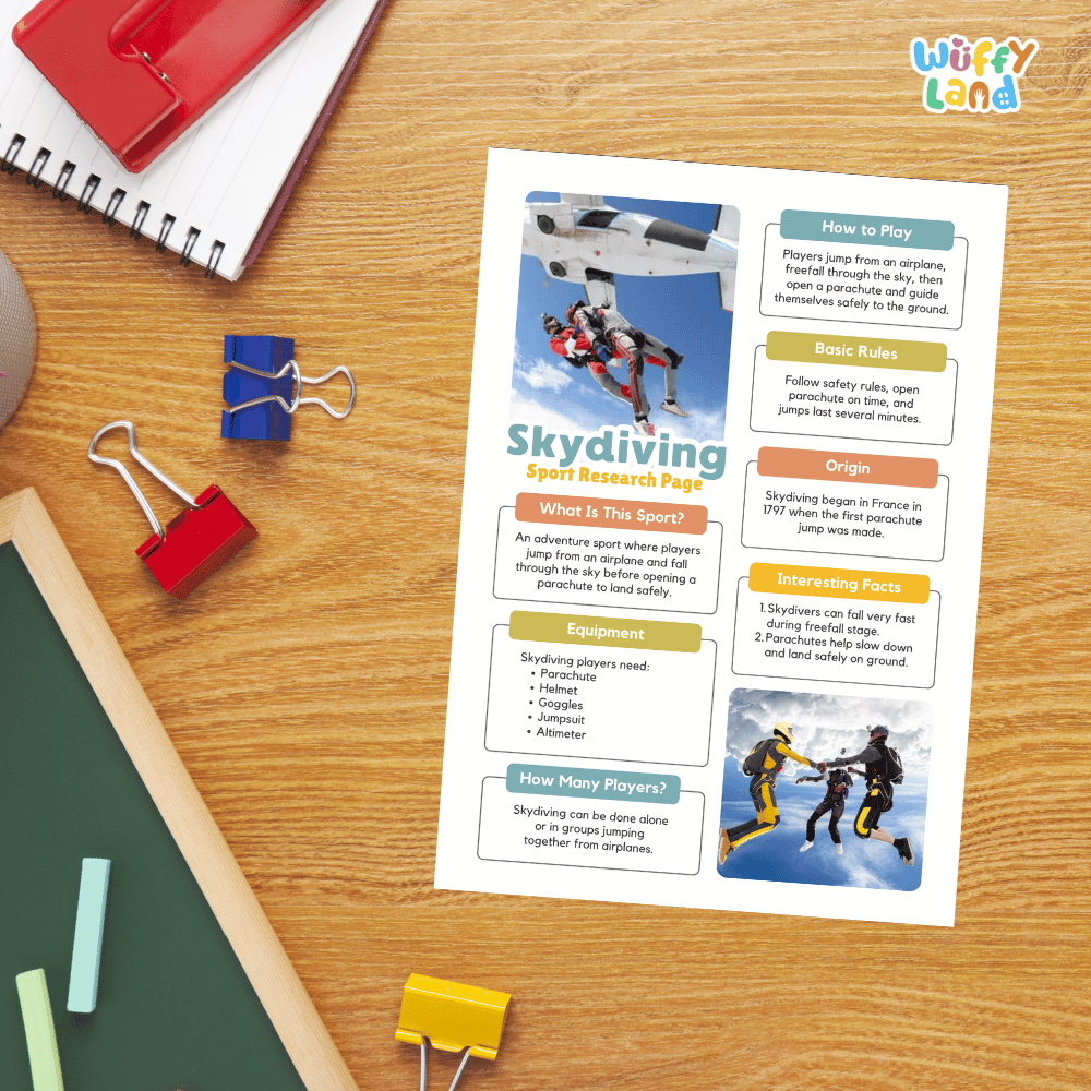 Skydiving Sport Research Project Worksheets and Fact Sheet