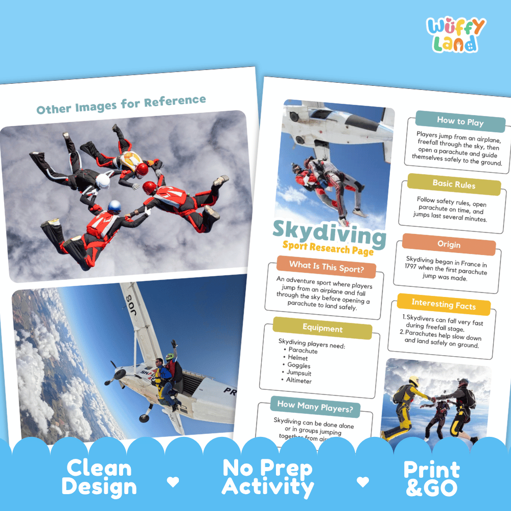 Skydiving Sport Research Project Worksheets and Fact Sheet