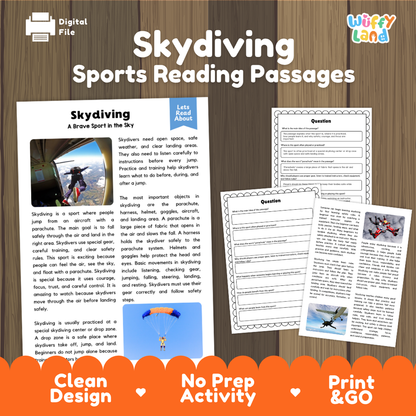 Skydiving Sports Reading Passages and Comprehension Questions Worksheets