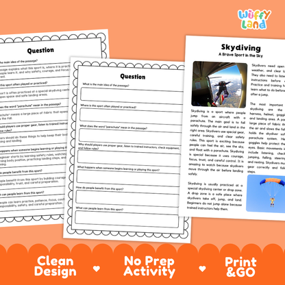 Skydiving Sports Reading Passages and Comprehension Questions Worksheets