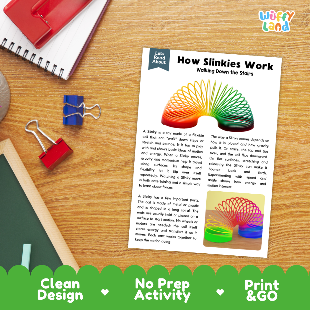 Printable student worksheet with short-answer reading comprehension questions covering Slinkies and physics