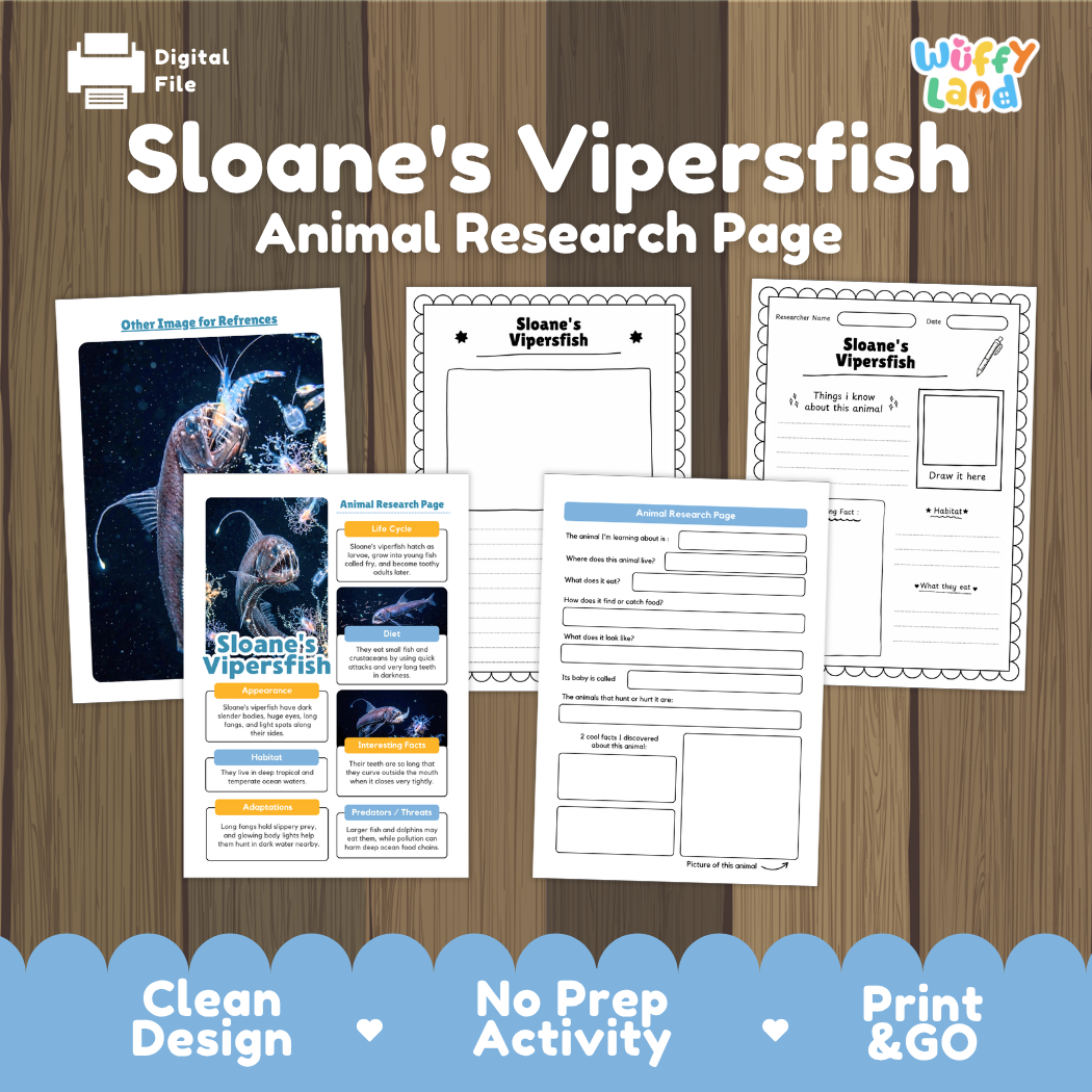 Digital preview of 'Sloane's Vipersfish Animal Research Page' by Wiffy Land, showing several printed worksheet pages laid out on a wood background with a blue banner at the bottom.