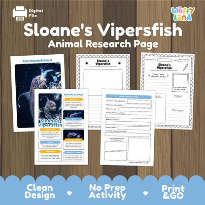 Digital preview of 'Sloane's Vipersfish Animal Research Page' by Wiffy Land, showing several printed worksheet pages laid out on a wood background with a blue banner at the bottom.