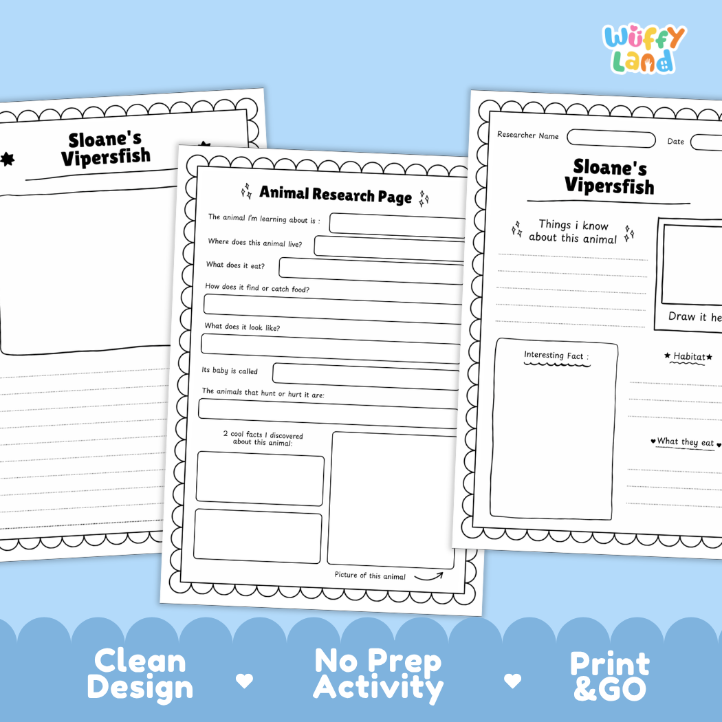 Three printable worksheet pages for animal research and writing are shown on a light blue background. The pages include headings like 'Sloane's Vipersfish' and 'Animal Research Page' with writing boxes and a drawing area.