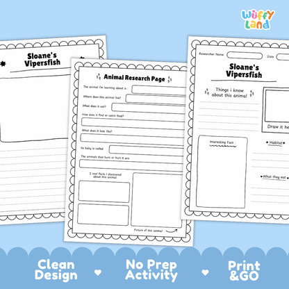 Three printable worksheet pages for animal research and writing are shown on a light blue background. The pages include headings like 'Sloane's Vipersfish' and 'Animal Research Page' with writing boxes and a drawing area.