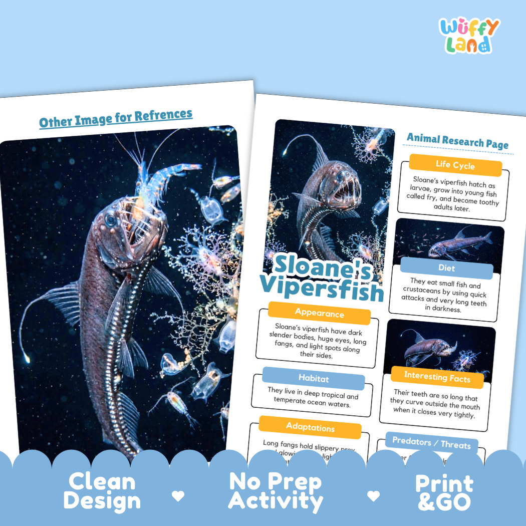 Two printed educational activity sheets about Sloane's Vipersfish displayed on a light blue background. The sheets feature a large fish illustration and text sections including life cycle, diet, habitat, adaptations, and interesting facts.