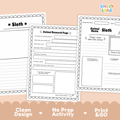 Sloth Animal Research Page Printable Worksheets for Early Elementary