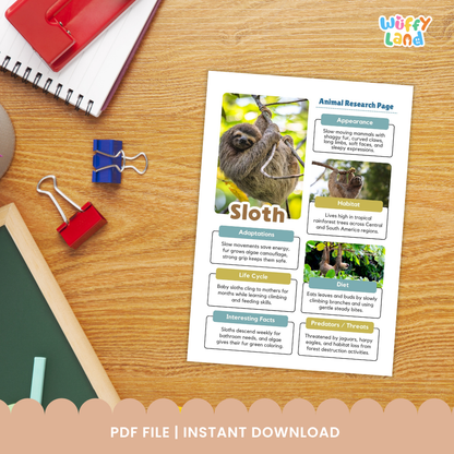 Sloth Animal Research Page Printable Worksheets for Early Elementary