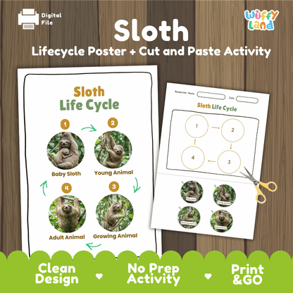 Sloth Life Cycle Poster and Cut and Paste Activity Worksheets