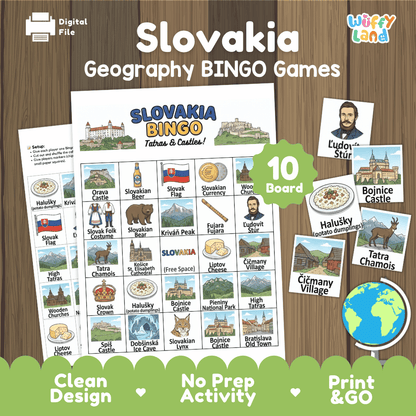 Classroom educational Bingo game cards featuring Bojnice Castle, Halušky dumplings, Ľudovít Štúr, and Čičmany Village 🎲🥟