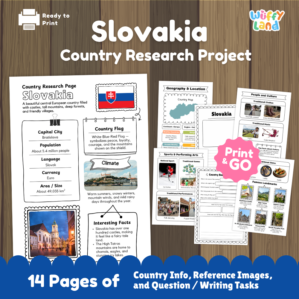Student country research worksheet on Slovakia featuring national flag, Bratislava capital facts, alpine climate, and geography map