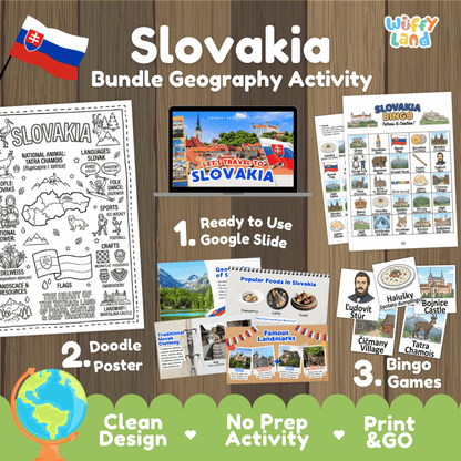 Complete Slovakia geography activity bundle featuring Google Slides, doodle coloring poster, and classroom bingo games 🇸🇰🎒