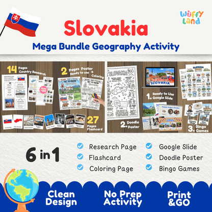Complete Slovakia geography activity bundle featuring Google Slides, doodle coloring poster, and classroom bingo games 🇸🇰🎒