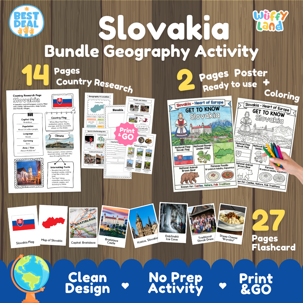 Slovakia geography activity bundle cover showing 14 country research pages, 2 ready to use coloring posters, and 27 photo flashcards