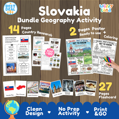 Slovakia geography activity bundle cover showing 14 country research pages, 2 ready to use coloring posters, and 27 photo flashcards