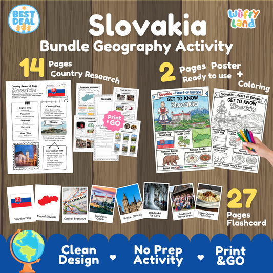 Slovakia geography activity bundle cover showing 14 country research pages, 2 ready to use coloring posters, and 27 photo flashcards