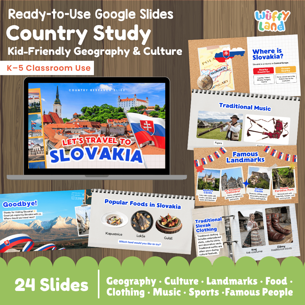 Interactive Google Slides deck displaying famous Slovak landmarks like Bratislava Castle and traditional dishes like Halušky 💻🏰