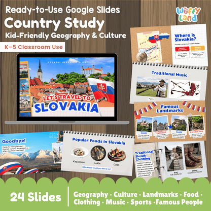 Interactive Google Slides deck displaying famous Slovak landmarks like Bratislava Castle and traditional dishes like Halušky 💻🏰