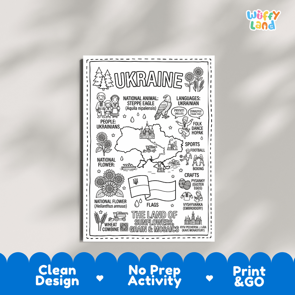 Educational activity coloring page highlighting Slovakia Tatra Chamois Rupicapra tatrica, Edelweiss flower, and Cuvac dog