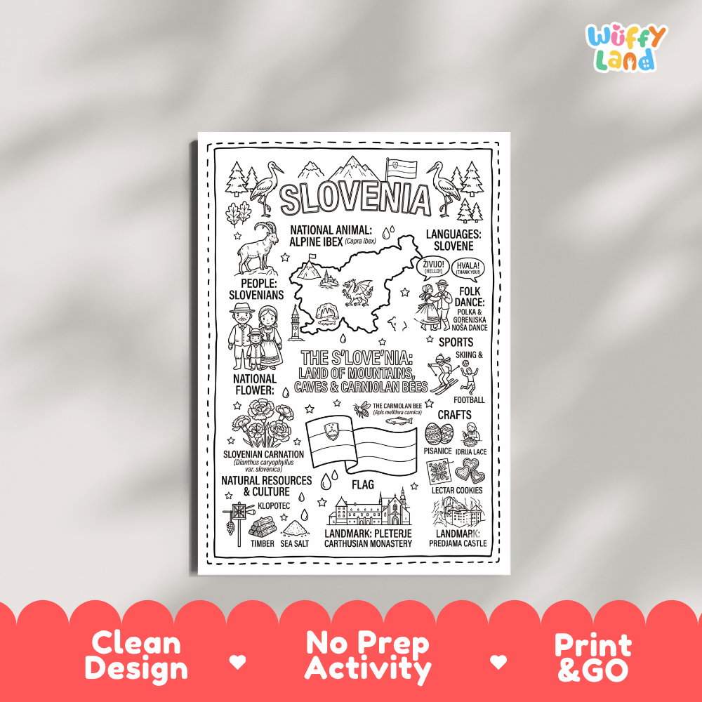 Educational activity coloring page highlighting Slovenia Alpine Ibex Capra ibex, Carniolan bee, and Slovenian carnation