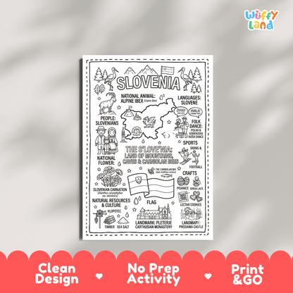 Educational activity coloring page highlighting Slovenia Alpine Ibex Capra ibex, Carniolan bee, and Slovenian carnation