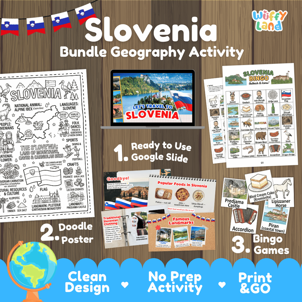 Complete Slovenia geography activity bundle featuring Google Slides, doodle coloring poster, and classroom bingo games 🇸🇮🎒