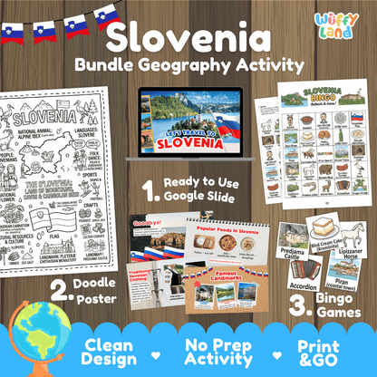 Complete Slovenia geography activity bundle featuring Google Slides, doodle coloring poster, and classroom bingo games 🇸🇮🎒