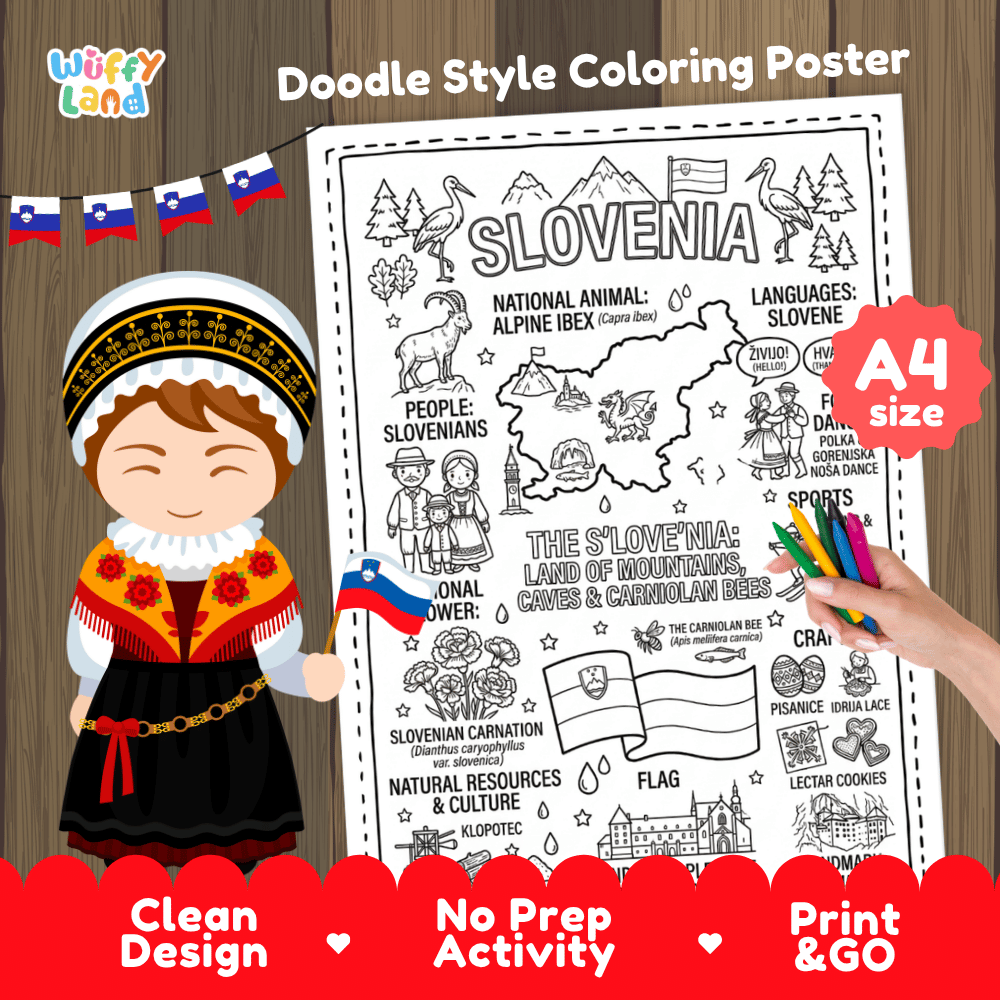 Slovenia country study doodle style coloring poster printable page featuring map, Lake Bled, and cultural symbols