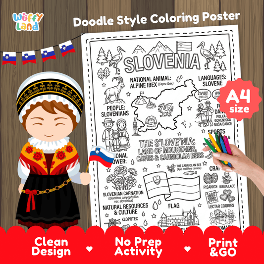 Slovenia country study doodle style coloring poster printable page featuring map, Lake Bled, and cultural symbols