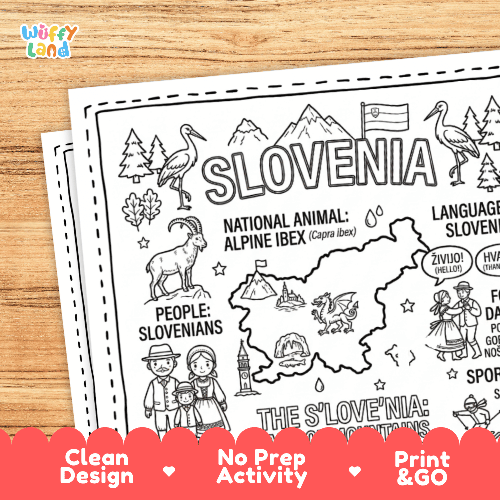 Cultural coloring page featuring traditional Slovenian Gorenjska costume, Polka dance, Idrija lace, and Zivijo greeting speech bubbles