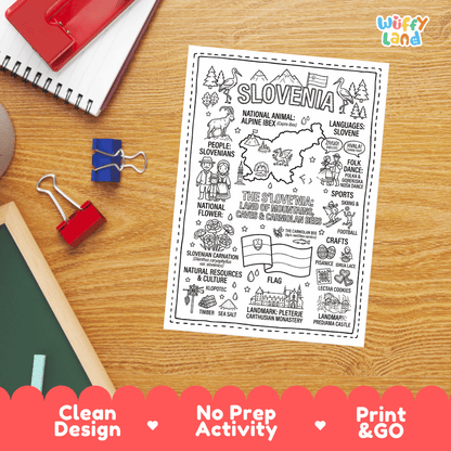 Doodle map coloring sheet showing Slovenia, Mount Triglav, Lake Bled church, Ljubljana dragon, and Klopotec