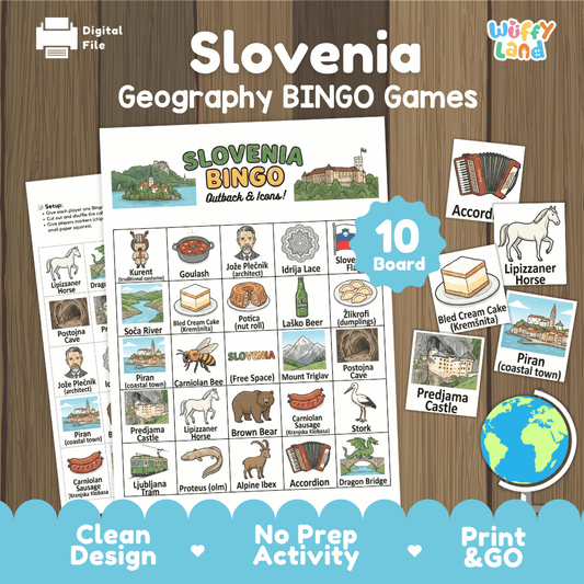 Classroom educational Bingo game cards featuring Predjama Castle, Bled Cream Cake, Lipizzaner Horse, and Accordion 🎲🍰