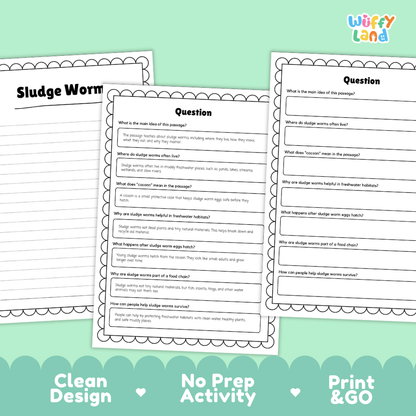 Three printable worksheet pages for a sludge worm activity, shown on a mint green background with the text 'Clean Design', 'No Prep Activity', and 'Print & GO'. The pages include reading comprehension questions and writing prompts, with the brand name 'Wiffly Land' in the top right corner.