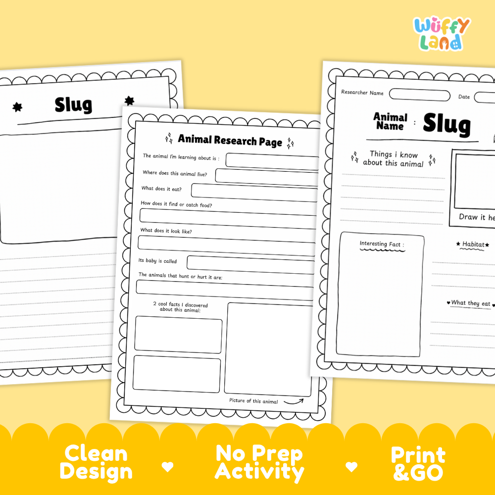 Three printable worksheet pages for an animal research activity about slugs, shown on a yellow background with marketing text at the bottom. The pages are white with black outlines and text, and the brand name 'Wiffy Land' appears in the top right.