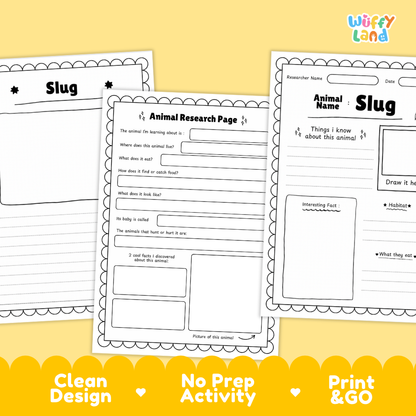 Three printable worksheet pages for an animal research activity about slugs, shown on a yellow background with marketing text at the bottom. The pages are white with black outlines and text, and the brand name 'Wiffy Land' appears in the top right.