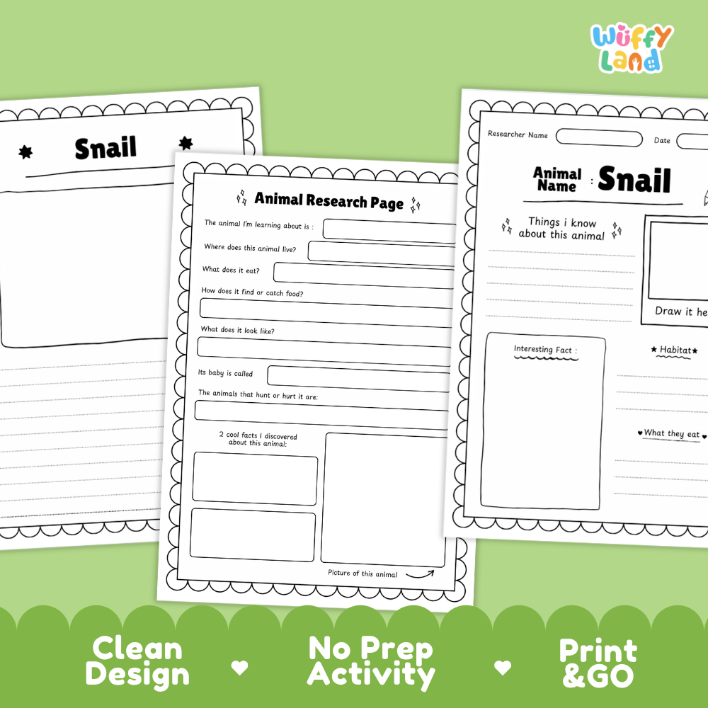 Three printable animal research activity sheets for 'Snail' are displayed on a light green background with a darker green scalloped banner at the bottom. The sheets are white with black text and outlines, featuring sections for the animal name, researcher details, questions, and a drawing area.