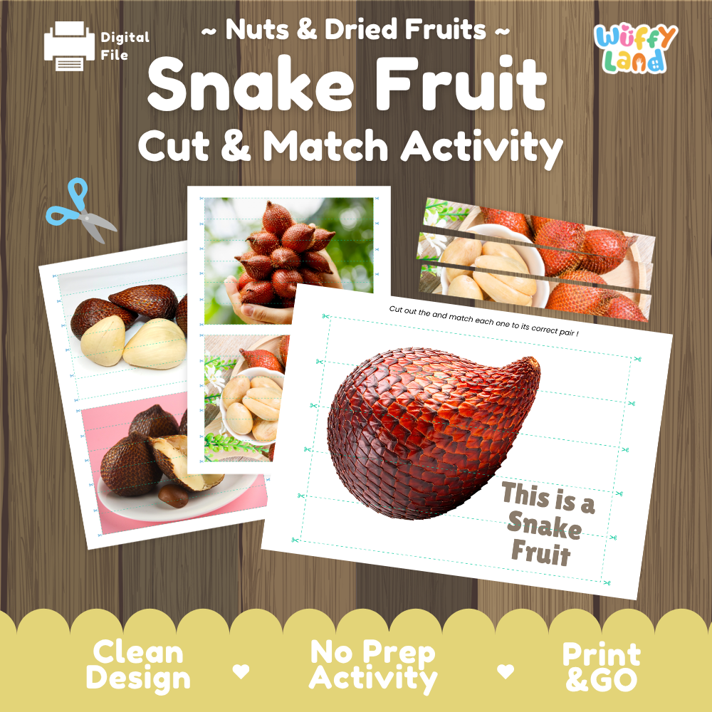 Snake fruit cut and match activity cover showing printable fine motor puzzle sheets and fruit photographs