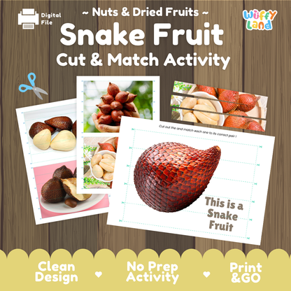 Snake fruit cut and match activity cover showing printable fine motor puzzle sheets and fruit photographs
