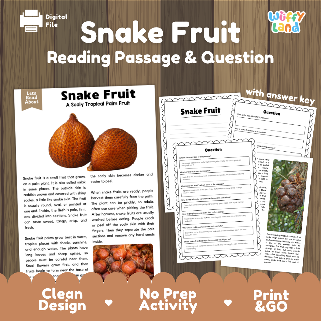 Snake fruit reading comprehension passage and questions printable activity pack with answer key for elementary students