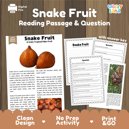 Snake fruit reading comprehension passage and questions printable activity pack with answer key for elementary students