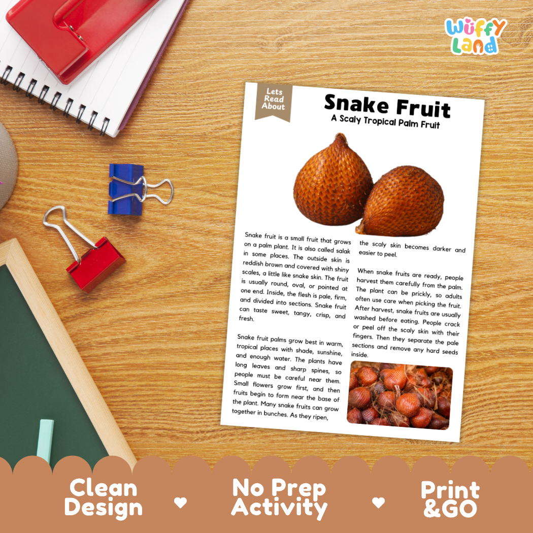 Student reading comprehension worksheet with short-answer questions and lined sections about the snake fruit