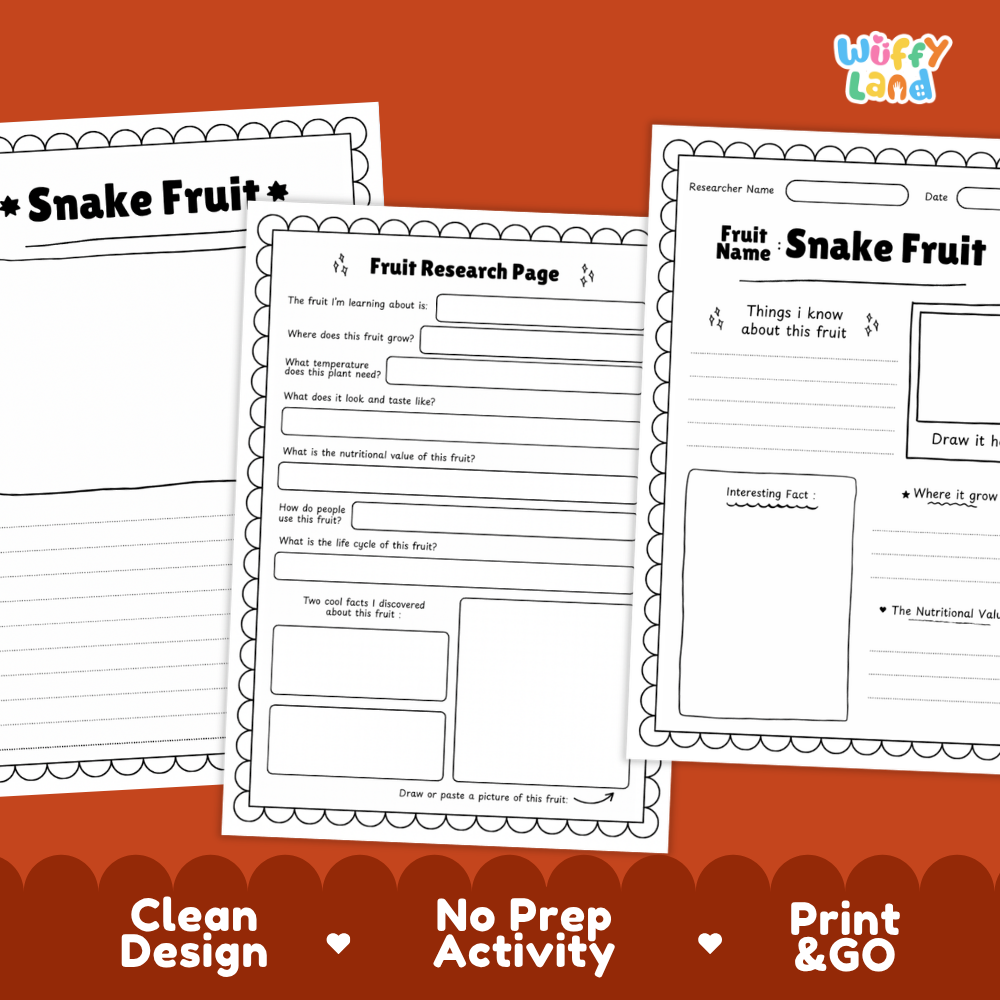 Three printable worksheet pages for a fruit research activity, shown on a red background with the text 'Clean Design', 'No Prep Activity', and 'Print & GO'. The pages are titled 'Snake Fruit' and include lined writing sections, a fruit research page, and a drawing box.