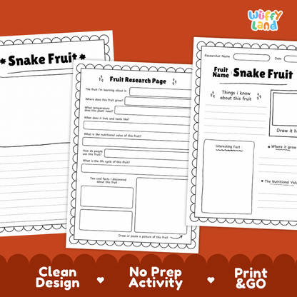 Three printable worksheet pages for a fruit research activity, shown on a red background with the text 'Clean Design', 'No Prep Activity', and 'Print & GO'. The pages are titled 'Snake Fruit' and include lined writing sections, a fruit research page, and a drawing box.