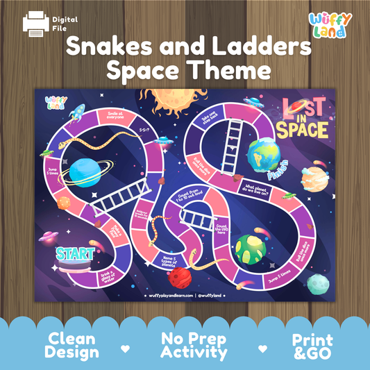 A digital preview of a 'Snakes and Ladders Space Theme' activity board game on a wood-grain background. The board features a purple and pink space design with planets, stars, and spaceships, labeled 'Wiffy Land'.